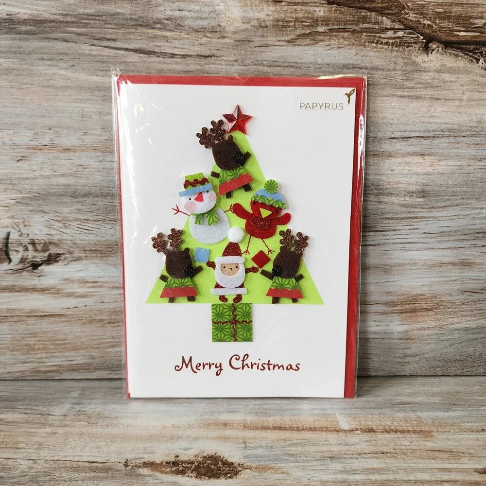 Papyrus Christmas Card Felt Applique Santa Reindeer Snowman Tree 07086610
